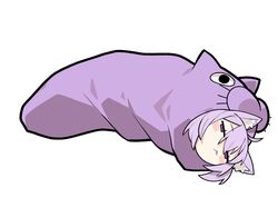  1girl :&lt; ahoge animal_ear_fluff animal_ears blush cat_ears cocomayo29_(tomato) commentary_request hair_between_eyes half-closed_eyes highres hololive korean_commentary nekomata_okayu okanyan_(nekomata_okayu) parody photo-referenced purple_hair simple_background solo violet_eyes virtual_youtuber white_background wrapped_up 