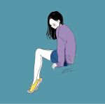  1girl black_hair blue_background blue_shorts blush closed_mouth full_body invisible_chair lisa_(illustsan430) long_sleeves original purple_sweater shoes shorts signature simple_background sitting sleeves_past_wrists sneakers solo sweater yellow_footwear 