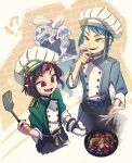 !? 4boys blue_bow blue_hair bow chef_hat cooking earrings fang frying_pan ghost hat highres holding holding_frying_pan holding_spatula jade_leech jewelry lilia_vanrouge male_focus multiple_boys open_mouth oven_mitts pointy_ears ramshackle_ghosts red_eyes sharp_teeth slit_pupils spatula striped_bow teeth twisted_wonderland ukata yellow_eyes 