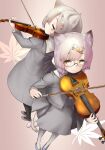  2girls :3 autumn_leaves blush braid cat commentary_request green_eyes green_jacket green_skirt grey_hair hair_ornament highres holding holding_instrument holding_violin instrument jacket looking_at_viewer mozu_(peth) multiple_girls musical_note musical_note_hair_ornament original pantyhose short_hair skirt smile twin_braids violin yellow_eyes 