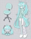  1girl am314 aqua_eyes aqua_hair bandaid chair hatsune_miku highres long_hair loungewear office_chair simple_background slippers solo striped_clothes striped_thighhighs stuffed_toy swivel_chair thigh-highs track_suit twintails very_long_hair vocaloid 