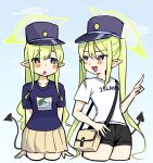  2girls bag black_shorts blue_archive blush commentary_request cosplay dark_skin demon_tail flat_chest green_hair green_halo grey_hat grey_shirt hair_between_eyes halo handbag hat highres hikari_(blue_archive) index_finger_raised koko_(meme) long_bangs long_hair looking_at_another looking_to_the_side manatsu_no_yo_no_inmu medium_bangs meme multiple_girls nozomi_(blue_archive) open_mouth pleated_skirt pointy_ears pura_(aiueo256375) shako_cap shirt short_sleeves shorts sidelocks skirt smile t-shirt tail toono_(coat) toono_(coat)_(cosplay) twintails very_long_hair wavy_hair white_shirt yajuu_senpai yajuu_senpai_(cosplay) yellow_eyes 