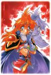 1990s_(style) 1girl amulet araizumi_rui armor belt cape cowboy_shot dark_persona gloves grin headband highres lina_inverse long_hair looking_at_viewer non-web_source official_art painting_(medium) pauldrons red_eyes redhead retro_artstyle short_sleeves shoulder_armor slayers smile traditional_media watercolor_(medium) white_gloves 