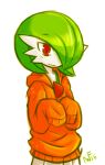  bob_cut clothed_pokemon colored_skin gardevoir green_hair hair_over_one_eye hood hoodie multicolored_skin orange_hoodie pokemon pokemon_(creature) rakkuguy red_eyes simple_background sleeves_past_fingers sleeves_past_wrists smile two-tone_skin white_background white_skin 