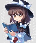  1girl black_capelet black_hat book bow brown_eyes brown_hair capelet closed_mouth commentary_request fedora hair_bow happy hat hat_bow highres holding holding_book long_sleeves necktie plus2sf red_necktie shirt smile solo touhou upper_body usami_renko white_bow white_footwear white_shirt 