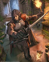  1boy brown_hair chain cloak dungeon eyepatch fantasy fire gloves holding holding_sword holding_torch holding_weapon moss outdoors pants prison rubble sheath solo standing sword tomb torch weapon yu_cheng_hong 