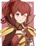  1girl ;p anna_(fire_emblem) border cape dress english_commentary fingerless_gloves fingernails fire_emblem fire_emblem_awakening gloves gmais2514 hair_between_eyes highres index_finger_raised long_hair looking_at_viewer one_eye_closed outside_border ponytail red_border red_cape red_dress red_eyes red_gloves redhead sidelocks solo sword tongue tongue_out two-tone_dress wavy_hair weapon white_border yellow_dress 