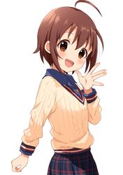  1girl absurdres ahoge blue_shirt blue_skirt blush brown_eyes brown_hair buchi_(y0u0ri_) cowboy_shot dot_nose flat_chest from_side highres idolmaster idolmaster_cinderella_girls idolmaster_cinderella_girls_starlight_stage long_sleeves looking_at_viewer open_hand open_mouth plaid_clothes plaid_skirt pleated_skirt shirt short_hair simple_background skirt smile solo standing sweater wakiyama_tamami white_background yellow_sweater 