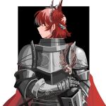  1girl arknights armor breastplate commentary_request fiammetta_(arknights) helmet highres holding holding_helmet looking_to_the_side pauldrons pointy_hair red_eyes redhead short_hair shoulder_armor solo upper_body vambraces yuec 