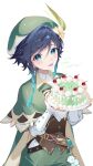  1boy :p absurdres aqua_eyes aqua_hair beret black_hair braid cake cape flower food genshin_impact gradient_hair green_cape happy_birthday hat highres holding holding_cake holding_food jewelry kkopoli long_sleeves looking_at_viewer male_focus multicolored_hair shirt solo tongue tongue_out twin_braids venti_(genshin_impact) vision_(genshin_impact) white_background white_flower white_shirt 
