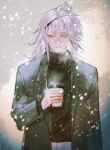  1boy black_suit black_sweater coffee_cup commentary_request cup disposable_cup hair_between_eyes highres holding holding_cup male_focus medium_hair moony_(mogmogmelt) nier nier_(brother) nier_(series) smile snowing solo standing suit sweater teeth white_background white_hair 