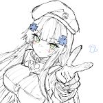 absurdres beret blush breasts cross_hair_ornament expressionless girls_frontline goggles green_eyes hair_ornament hat highres hk416_(girls&#039;_frontline) open_mouth r_scrubed simple_background v white_background 