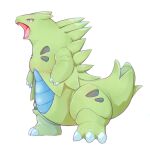  animal_focus arai_mei bright_pupils claws commentary_request fangs full_body grey_eyes no_humans open_mouth pokemon pokemon_(creature) simple_background solo standing tyranitar white_background white_pupils 