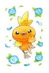  :d black_eyes blue_flower blush commentary english_commentary flower leaf looking_at_viewer no_humans oliver_hamlin open_mouth painting_(medium) petals pokemon pokemon_(creature) running simple_background smile solo torchic traditional_media watercolor_(medium) white_background 