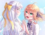  2girls ahoge anisphia_wynn_palettia ascot blonde_hair bow euphyllia_magenta frilled_sleeves frills green_eyes hair_bow hair_ribbon half_updo highres holding_hands long_hair looking_at_another multiple_girls nashinome_(y5wlht) one_side_up open_mouth parted_lips ribbon smile tensei_oujo_to_tensai_reijou_no_mahou_kakumei violet_eyes 