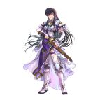  1girl absurdres armor ayra_(fire_emblem) black_hair boots breastplate closed_mouth commentary_request dress earrings fire_emblem fire_emblem:_genealogy_of_the_holy_war fire_emblem_heroes full_body gold_trim high_heel_boots high_heels highres jewelry long_hair looking_at_viewer official_art pauldrons pelvic_curtain sheath short_sleeves shoulder_armor simple_background smile solo standing suzuki_rika sword thigh-highs violet_eyes weapon white_background 