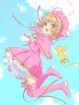  1girl adjusting_hair antenna_hair beret boots brown_hair capelet cardcaptor_sakura clouds cloudy_sky dress falling_petals full_body gloves green_eyes hat kero_(cardcaptor_sakura) kinomoto_sakura knee_boots looking_to_the_side petals pink_capelet pink_dress pink_footwear pink_hat rabitan1022 ribbon_trim short_hair sky white_gloves wings 