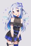  1girl amane_kanata amane_kanata_(work) angel_wings asymmetrical_bangs asymmetrical_hair bare_shoulders belt black_dress black_gloves blue_belt blue_hair blue_halo blue_thighhighs blue_wings blush colored_inner_hair commentary cowboy_shot dress feathered_wings fragir gloves gradient_dress gradient_wings grey_background grey_hair hair_ornament hair_over_one_eye hairclip halo highres hololive jewelry long_hair looking_at_viewer mini_wings multicolored_hair multicolored_wings necklace official_alternate_costume official_alternate_hairstyle open_mouth partially_fingerless_gloves pink_hair pleated_dress pouch short_dress sidelocks simple_background single_hair_intake single_thighhigh sleeveless sleeveless_dress smile solo standing star_(symbol) star_halo star_necklace streaked_hair thigh-highs thigh_pouch two_side_up violet_eyes virtual_youtuber white_wings wings 