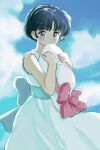  blue_eyes blue_sky blush bow closed_mouth clouds cloudy_sky dress expressionless hat highres holding holding_clothes holding_hat kmr_doodle pink_bow ranma_1/2 short_hair sky tendou_akane white_dress 