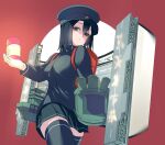  001machi 1girl absurdres akitsu_maru_(kancolle) akitsu_maru_kai_(kancolle) black_eyes black_hair black_hat black_jacket black_skirt black_thighhighs gloves hat highres holding holding_clothes holding_hat jacket kantai_collection looking_at_viewer machinery military_hat military_uniform one_eye_covered peaked_cap pleated_skirt shaded_face short_hair skirt solo thigh-highs uniform white_gloves 