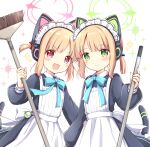  2girls apron black_dress blonde_hair blue_archive blush cat_tail dress green_eyes green_halo halo highres long_sleeves looking_at_viewer maid maid_apron maid_headdress midori_(blue_archive) midori_(maid)_(blue_archive) momoi_(blue_archive) momoi_(maid)_(blue_archive) multiple_girls nanase_miori official_alternate_costume open_mouth pink_halo puffy_long_sleeves puffy_sleeves red_eyes short_hair siblings sisters smile tail twins white_apron 