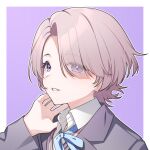  1girl arimura_mao blazer blue_ribbon gakuen_idolmaster hair_over_one_eye idolmaster jacket looking_at_viewer mikapoe neck_ribbon outline pink_hair portrait ribbon school_uniform simple_background smile solo sweater_vest two-tone_background violet_eyes white_outline 