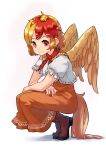  1girl animal_on_head bird bird_wings blonde_hair boots brown_footwear chick closed_mouth dress feathered_wings fingernails full_body happy hashiro looking_at_viewer neckerchief niwatari_kutaka on_head orange_dress puffy_short_sleeves puffy_sleeves red_eyes red_neckerchief shirt short_hair short_sleeves simple_background smile solo squatting touhou white_background white_shirt wings yellow_tail yellow_wings 
