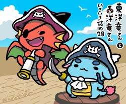  animal ascot blue_sky chibi clothed_animal commentary_request dragon eastern_dragon eyepatch flying full_body hat holding holding_sword holding_telescope holding_weapon hotathino original outdoors pirate pirate_hat pirate_ship sky sword telescope translation_request weapon western_dragon white_ascot 