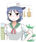  1girl :/ baseball_cap blush cookie_(touhou) cropped_torso green_sailor_collar hand_on_own_hip hat milk_(cookie) murasa_minamitsu orzer red_ribbon ribbon sailor sailor_collar sailor_shirt shirt sideways_hat solo touhou white_background 