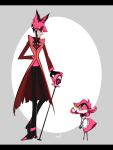  1boy 1girl alastor_(hazbin_hotel) arm_behind_back black_hair cane colored_sclera commentary dress formal hazbin_hotel height_difference highres holding holding_cane looking_down looking_up multicolored_hair niffty_(hazbin_hotel) omnhuman one-eyed own_hands_together red_eyes red_sclera redhead short_hair smile suit symbol-only_commentary 