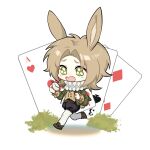  1boy alice_in_wonderland animal_ears brown_footwear brown_shorts brown_vest card chibi chibi_only chinese_commentary commentary_request cosplay green_eyes green_jacket highres holding holding_pocket_watch jacket kemonomimi_mode light_brown_hair male_focus medium_hair neck_ruff open_clothes open_jacket open_mouth pantyhose parted_bangs playing_card pocket_watch rabbit_boy rabbit_ears rabbit_tail saibou_shinkyoku sanwei16909 shinano_eiji shirt shorts solo tail teardrop vest watch white_pantyhose white_rabbit_(alice_in_wonderland) white_rabbit_(alice_in_wonderland)_(cosplay) white_shirt 