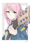  1girl absurdres bang_dream! bang_dream!_it&#039;s_mygo!!!!! blue_eyes blue_shirt chihaya_anon closed_mouth commentary earrings electric_guitar guitar hashtag-only_commentary highres holding holding_plectrum instrument jewelry long_hair pink_hair playing_guitar plectrum ryo_yanakasa shirt solo upper_body 