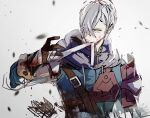  1boy armor arrow_(projectile) ashe_ubert bandage_in_mouth bandaged_hand bandages blood blood_on_bandages blood_on_face blue_hood blue_hoodie closed_mouth fire_emblem fire_emblem:_three_houses green_eyes grey_hair hair_between_eyes hair_over_one_eye hood hood_down hoodie looking_at_viewer male_focus narrowed_eyes noenoeto quiver shoulder_armor simple_background solo translation_request upper_body white_background 