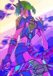  1girl alter_(apex_legends) animification apex_legends black_gloves black_sclera bodysuit colored_sclera eye_trail gloves glowing glowing_eye green_eyes green_hair grey_bodysuit light_trail looking_back mechanical_tentacles mizu_cx parted_lips pink_lips ponytail short_hair smile solo 