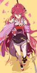  1girl bare_shoulders blue_eyes botan_(dragalia_lost) closed_mouth dragalia_lost falling_petals frostfiresoul full_body hair_between_eyes hair_ornament highres holding holding_polearm holding_weapon japanese_clothes long_hair long_sleeves looking_at_viewer naginata petals pleated_skirt polearm redhead single_thighhigh skirt solo thigh-highs very_long_hair weapon white_thighhighs wide_sleeves yellow_background 