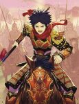  1boy armor black_hair chinese_armor flag fumikazu holding holding_weapon horse horseback_riding lower_teeth_only male_focus open_mouth original pants riding short_hair solo_focus spiky_hair sword teeth violet_eyes war weapon white_pants 