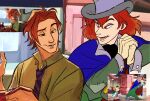 2boys ascot berry black_ascot blue_cape brown_eyes cane cape derivative_work food gloves green_shirt hair_between_eyes hat highres holding holding_cane holding_food honest_john_(disney) humanization long_sleeves male_focus messy_hair multiple_boys necktie nick_wilde open_mouth patchwork_clothes pinocchio_(character) pinocchio_(disney) redhead screenshot_redraw shirt short_hair striped_necktie top_hat uochandayo zootopia 