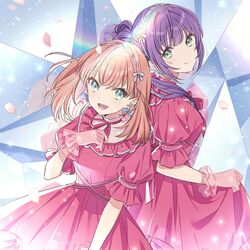  2girls :d album_cover aqua_eyes arm_at_side back-to-back cerise_bouquet clothes_lift cover crossed_bangs crystal dress dress_lift earrings english_text flower_earrings flower_hairband frilled_dress frills game_cg gloves green_eyes hair_ornament hairband hand_on_own_chest hechima_(issindotai) hinoshita_kaho jewelry light_smile link!_like!_love_live! long_hair looking_at_viewer looking_back love_live! medium_hair multiple_girls non-web_source official_alternate_costume official_art open_mouth orange_hair otomune_kozue pink_dress ponytail puffy_short_sleeves puffy_sleeves purple_hair rainbow reflection_in_the_mirror_(love_live!) short_sleeves side_ahoge sidelocks smile swept_bangs teeth textless_version upper_body upper_teeth_only virtual_youtuber 