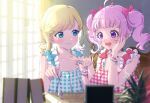  2girls :d ahoge aozora_himari applying_manicure blonde_hair blue_eyes blue_nails blurry blurry_foreground book bow bracelet closed_mouth commentary_request hair_bow hand_on_own_cheek hand_on_own_face highres himitsu_no_aipri holding holding_brush hoshikawa_mitsuki indoors jewelry long_hair looking_at_another moukinui multiple_girls nail_polish nail_polish_bottle nail_polish_brush open_mouth painting_fingernails pink_hair pretty_series smile table twintails upper_body violet_eyes 