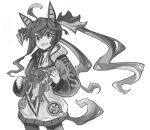  1girl ahoge animal_ears bow clenched_hands clothes_writing commentary_request cowboy_shot crossed_bangs greyscale grin hair_bow hands_up hood hoodie horse_ears horse_girl horse_tail long_hair long_sleeves looking_at_viewer monochrome pantyhose ran89_634no sharp_teeth sidelocks simple_background smile solo striped_bow stuffed_animal stuffed_rabbit stuffed_toy tail teeth twin_turbo_(umamusume) twintails umamusume very_long_hair white_background 