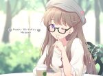 1girl ;) arm_on_table arms_on_table black-framed_eyewear blurry blurry_background braid brown_hair character_name coffee_cup commentary cup disposable_cup english_text finger_to_mouth french_braid fujishima_megumi glasses grey_hat happy_birthday hat heart highres link!_like!_love_live! long_hair love_live! on_chair one_eye_closed outdoors rainbow semi-rimless_eyewear shirt shushing sidelocks sitting smile tree under-rim_eyewear violet_eyes white_shirt yutuki_ame 