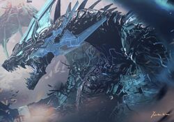  armor bahamut_(final_fantasy) blue_eyes dragon final_fantasy final_fantasy_xiv glowing glowing_eyes monster monster_focus no_humans open_mouth plate_armor sharp_teeth spikes teeth wings yabuka_shiwa 
