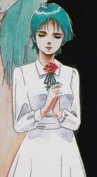  1980s_(style) 1girl aqua_hair artist_request closed_eyes concept_art dress flower four_murasame gundam highres holding holding_flower official_art production_art retro_artstyle rose scan short_hair skirt traditional_media white_dress zeta_gundam 