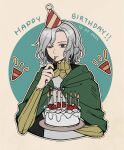  1boy bamu_(bamu0504) birthday_cake black_eyes cake candle cloak commentary cropped_torso dated dungeon_meshi eating expressionless food green_cloak grey_hair half-closed_eye happy_birthday hat highres holding holding_plate holding_spoon hood hood_down hooded_cloak male_focus mithrun outline party_hat plate short_hair simple_background solo spoon symbol-only_commentary two-tone_background uneven_eyes upper_body white_outline yellow_background 