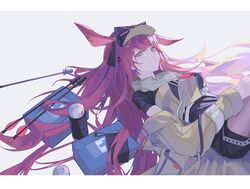  1girl animal_ears arknights ay4_la black_shirt black_shorts bottle bow_(weapon) closed_mouth gloves highres jacket long_hair long_sleeves looking_at_viewer lying on_back pink_hair purple_hair rabbit_ears rabbit_girl ray_(arknights) shirt short_sleeves shorts simple_background solo very_long_hair violet_eyes visor_cap weapon 