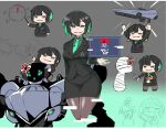  1boy 1girl 621_(armored_core_6) allmind_(armored_core_6) armored_core armored_core_6 bandages black_hair chibi commentary_request earrings highres jewelry karasawa_(weapon) mecha multicolored_hair personification pie_chart pointing robot smug suit two-tone_hair 