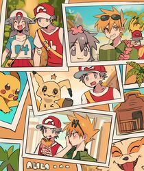  1girl 2boys :d absurdres animal_on_head arcanine baseball_cap blue_oak blush blush_stickers brown_hair collarbone eating eyewear_on_head flower flower_necklace flower_on_head food food_on_face hair_between_eyes hat highres holding_another&#039;s_arm kanbaki&#039;s_orange-haired_catgirl ki2ri5 leaf_(pokemon) lei mimikyu multiple_boys on_head palm_tree photo_(object) pikachu pokemon red_(pokemon) shirt smile spiky_hair tree 