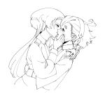  2girls asticassia_school_uniform blush commentary_request eye_contact greyscale gundam gundam_suisei_no_majo hairband hand_on_another&#039;s_face hand_on_another&#039;s_shoulder hand_on_another&#039;s_waist highres hug imminent_kiss long_hair long_sleeves looking_at_another miorine_rembran monochrome multiple_girls necktie ponytail school_uniform suletta_mercury sun_4x3 thick_eyebrows yuri 