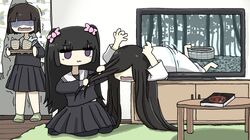  3girls :3 barefoot black_hair black_pantyhose black_shirt black_skirt blunt_bangs bob_cut bow brown_hair dvd_case fuchina_(fucinami) grabbing_another&#039;s_hair green_socks hair_bow hair_over_eyes highres hime_cut holding holding_tray living_room long_hair long_sleeves movie_reference multiple_girls no_pupils original pantyhose pink_bow pleated_skirt robe sailor_collar sayu-chan_(fuchina) school_uniform serafuku shaded_face shirt short_hair short_socks skirt socks table tea television the_ring through_medium through_screen tray trembling twintails two_side_up very_long_hair violet_eyes well white_robe white_sailor_collar yamamura_sadako yato-chan_(fuchina) 