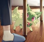  1other afterimage animal_focus bell blue_footwear blush bow bowtie fangs green_fur highres indoors jingle_bell kaminokefusa pants pink_eyes pokemon pokemon_(creature) slippers socks sparkle sprigatito sweatdrop table tail tail_wagging white_socks wooden_floor 